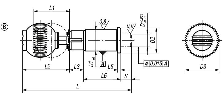 Precision indexing plungers, steel with plastic spherical knob, cylindrical indexing pin and locking slot