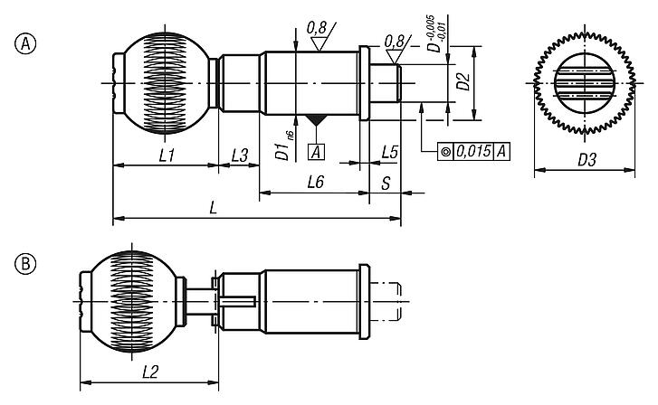 Precision indexing plungers, steel with plastic spherical knob and cylindrical indexing pin