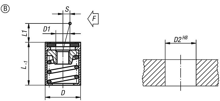 Lateral spring plungers without thrust pin, Form B, with seal