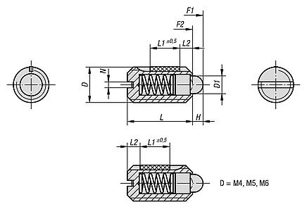 带槽和压杆的弹簧柱塞，钢制，带螺纹锁