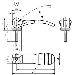 Cam lever with plastic grip, external thread, steel or stainless steel, inch