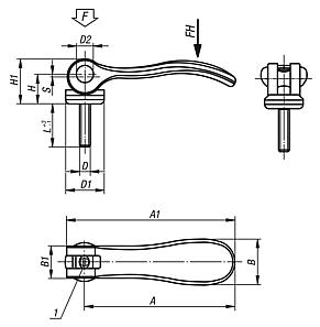 Cam levers, adjustable, with external thread, steel or stainless steel, inch