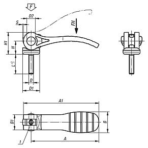 Cam levers, adjustable, with plastic grip and external thread, steel or stainless steel, inch