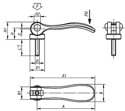 Cam levers, steel with external thread, plastic thrust washer and steel stud, inch