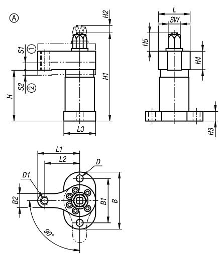 Swing clamps, heavy duty, automation compatible, Form A, with clamping arm