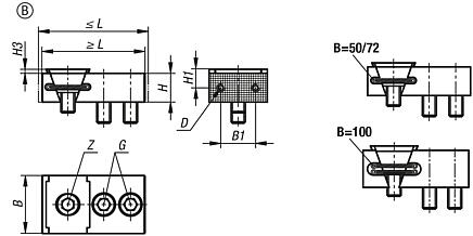 Wedge clamps with fixed jaw, Form B, serrated jaw face