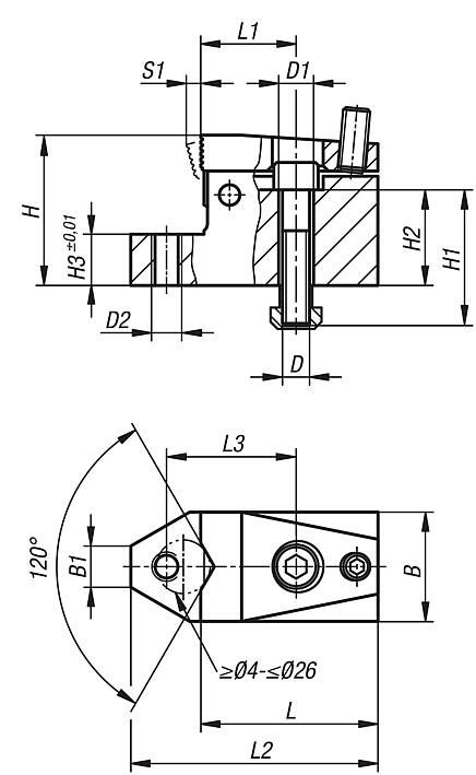 Side clamps with support, Form B, with prism jaw