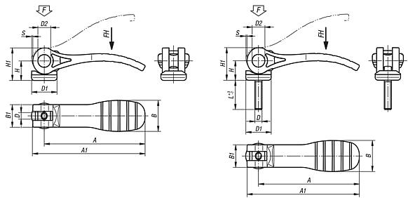 Cam levers with plastic grip and external or internal threads, steel or stainless steel, inch