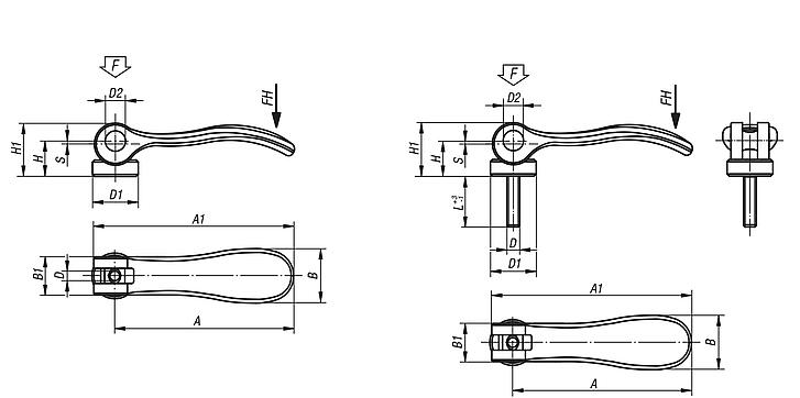 Cam levers, steel with internal or external thread, plastic thrust washer and steel stud, inch