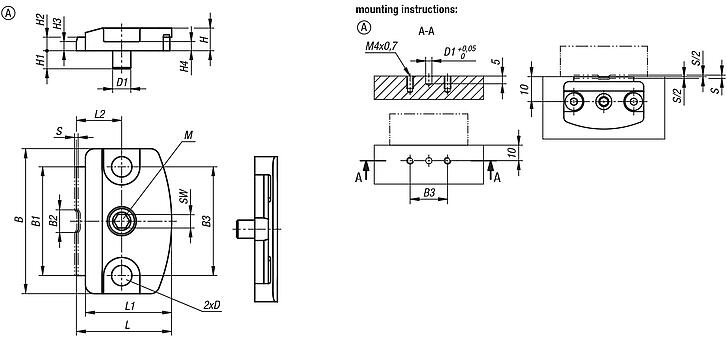 Flat clamps with cam, Form A, with locating pin