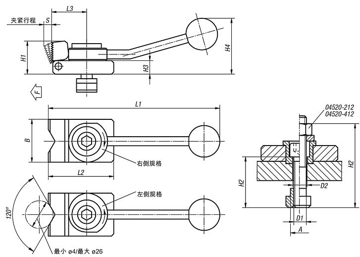 侧方夹紧块，棱柱型夹钳