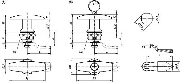 Quarter-turn locks stainless steel with T-grip