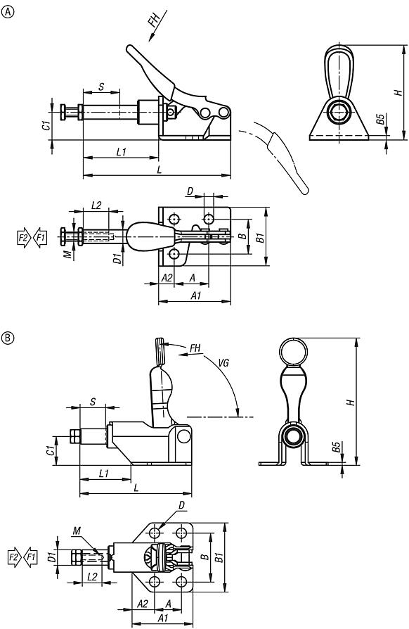 Mini push-pull toggle clamps, steel or stainless steel with mounting bracket