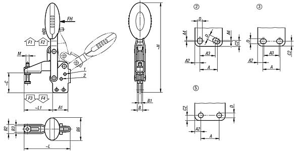 Toggle clamps vertical with straight foot and adjustable clamping spindle