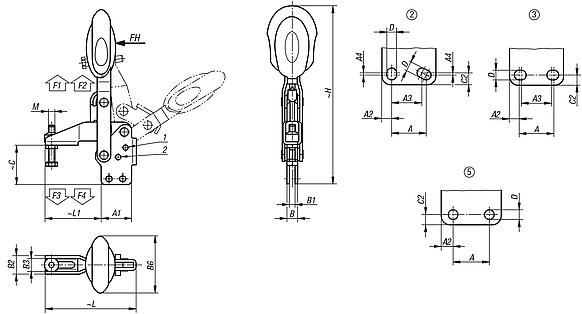 Toggle clamps vertical with safety interlock with straight foot and adjustable clamping spindle