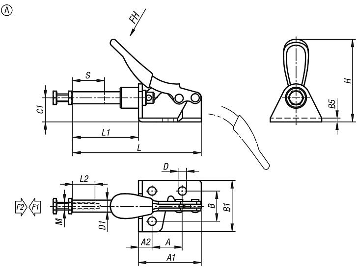 Mini push-pull toggle clamps, steel or stainless steel with mounting bracket, Form A