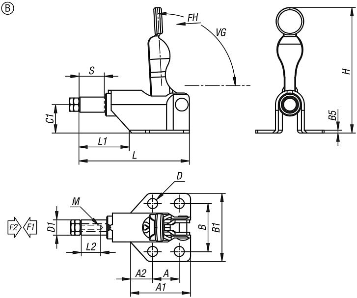 Mini push-pull toggle clamps, steel or stainless steel with mounting bracket, Form B