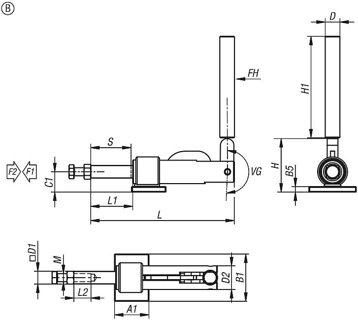 Push-pull toggle clamps, steel, heavy-duty version, weldable, retaining force up to 22250 N, Form B