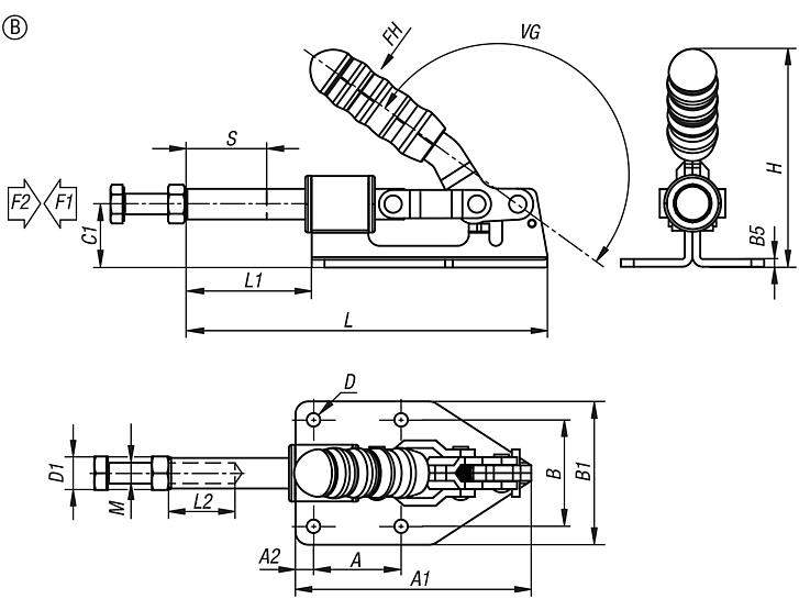 Push-pull toggle clamps, steel, retaining force up to 3575 N, Form B