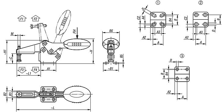 Toggle clamps horizontal with flat foot and adjustable clamping spindle, stainless steel