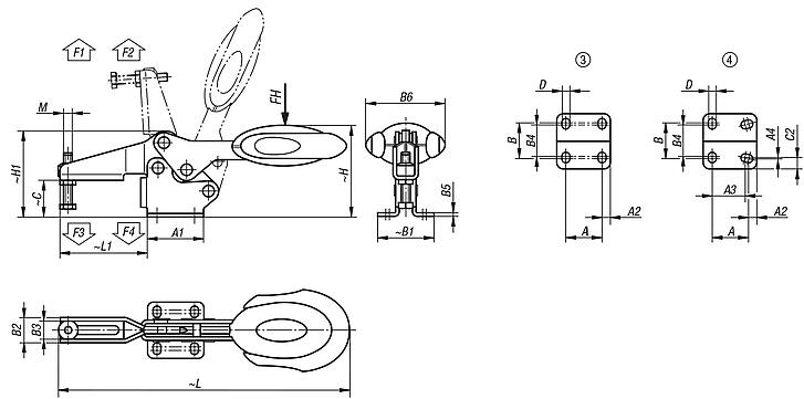 Toggle clamps horizontal with safety interlock with flat foot and adjustable clamping spindle