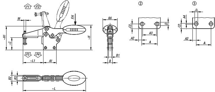 Toggle clamps horizontal with straight foot and adjustable clamping spindle, stainless steel