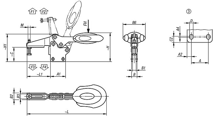 Toggle clamps horizontal with safety interlock with straight foot and adjustable clamping spindle, stainless steel