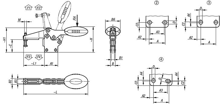 Toggle clamps horizontal with straight foot and adjustable clamping spindle