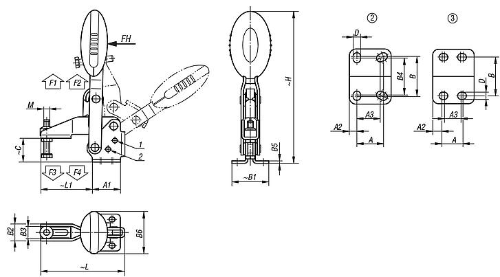 Toggle clamps vertical with flat foot and adjustable clamping spindle, stainless steel