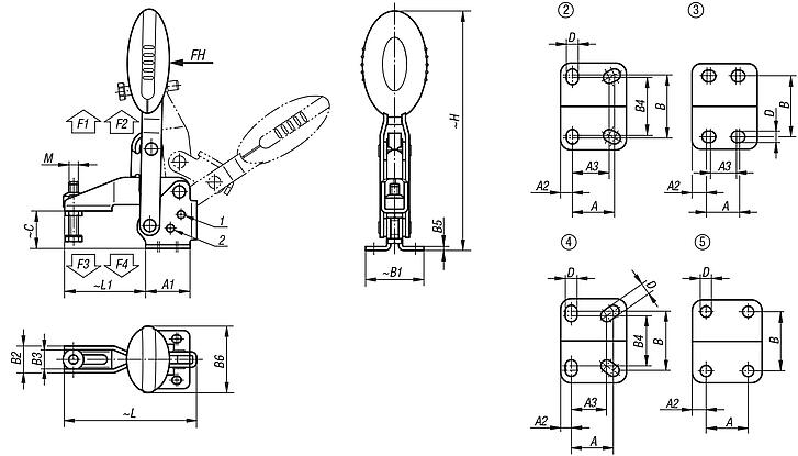 Toggle clamps vertical with flat foot and adjustable clamping spindle