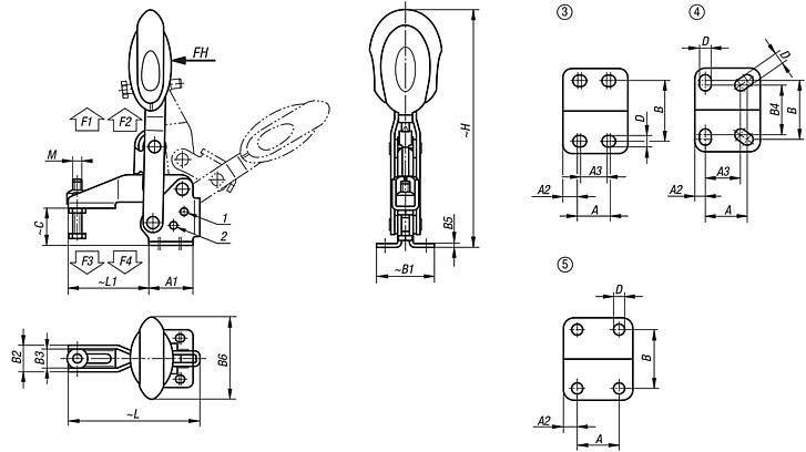 Toggle clamps vertical with safety interlock with flat foot and adjustable clamping spindle