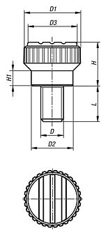 Knurled knobs, plastic, visually detectable with external thread