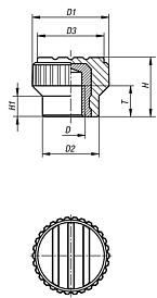 Knurled knobs, plastic, visually detectable with internal thread