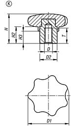 塑料星形旋钮，带凸出型钢制衬套，K 型，螺纹轴套