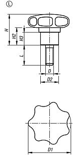 塑料星形旋钮，带凸出型钢制衬套，L 型，外螺纹