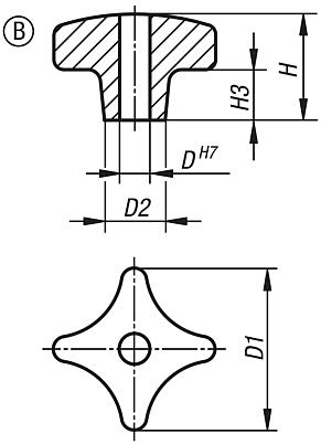 Palm grips DIN 6335, grey cast iron, Form B, drilled through