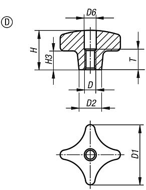 Palm grips DIN 6335, grey cast iron, Form D, thread countersunk