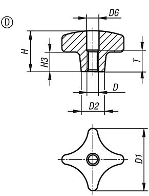 Palm grips DIN 6335, grey cast iron, Form D, thread countersunk, inch