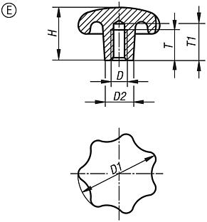 星形旋钮，DIN 6336，灰口铸铁制，E 型，螺纹盲孔