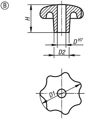 Star grips DIN 6336, grey cast iron, Form B, drilled through