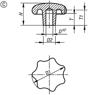 Star grips DIN 6336, grey cast iron, Form C, blind hole