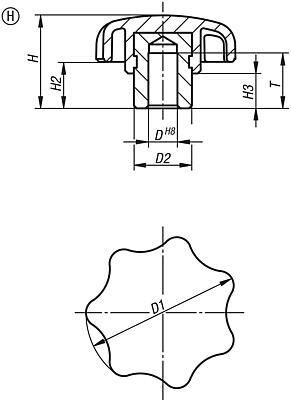 Star grips, Form H, with projecting steel bush with blind hole