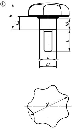 Star grips, plastic, metal detectable with protruding steel bush, Form L, with external thread