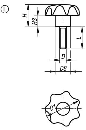 星型旋钮 抗静电，类似 DIN 6336，外螺纹，L 型