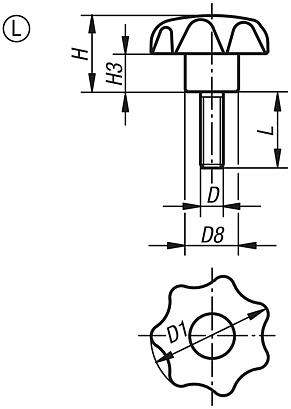 星型旋钮 类似 DIN 6336，外螺纹，L 型