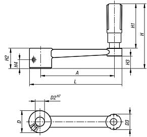 Crank handles 
cylindrical revolving grip, with reamed hole