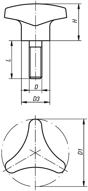 Triangular grips with high collar, external thread