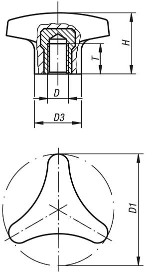 Triangular grips with high collar, internal thread