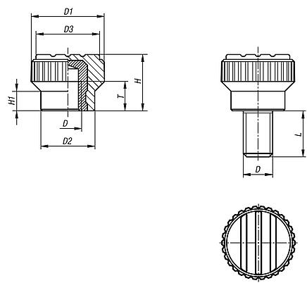 Knurled knobs, plastic, visually detectable