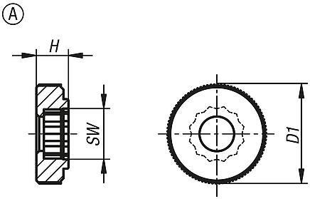 Knurled knobs for screws with hex head, Form A